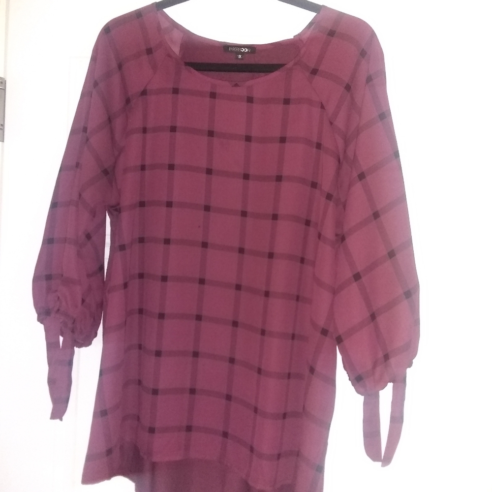Papermoon Dusty Mauve Plaid Tie-Sleeve Blouse